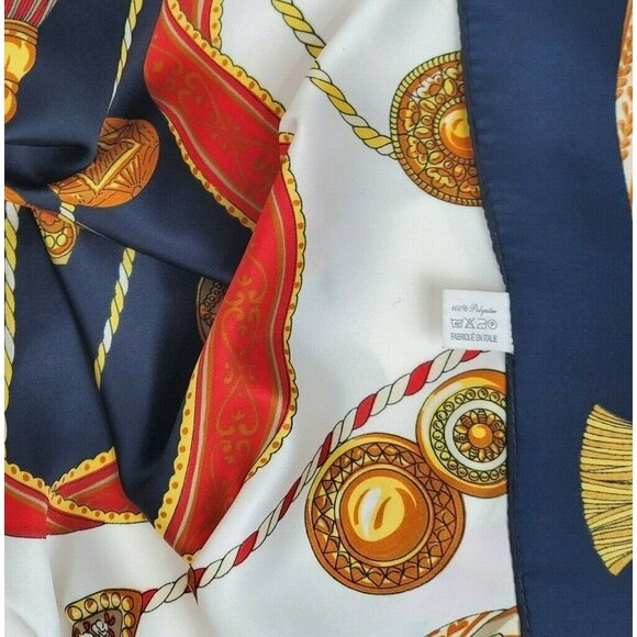 Italian Blue Framed Scarf Wrap Medallions Tassels 44" Square Vintage Polyester - Picture 11 of 11